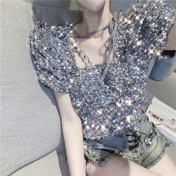 Silver Velvet Sequined Square Neck Crop Top - Picture 3 of 5
